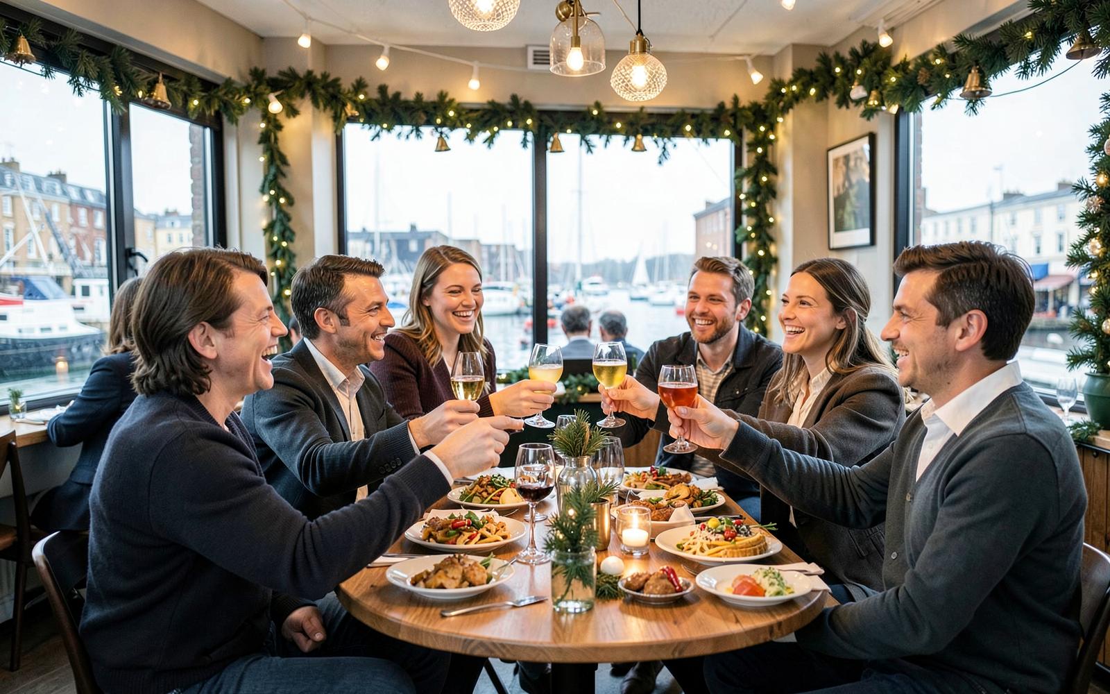 Friends celebrating Christmas with food and drinks beside Weymouth harbour