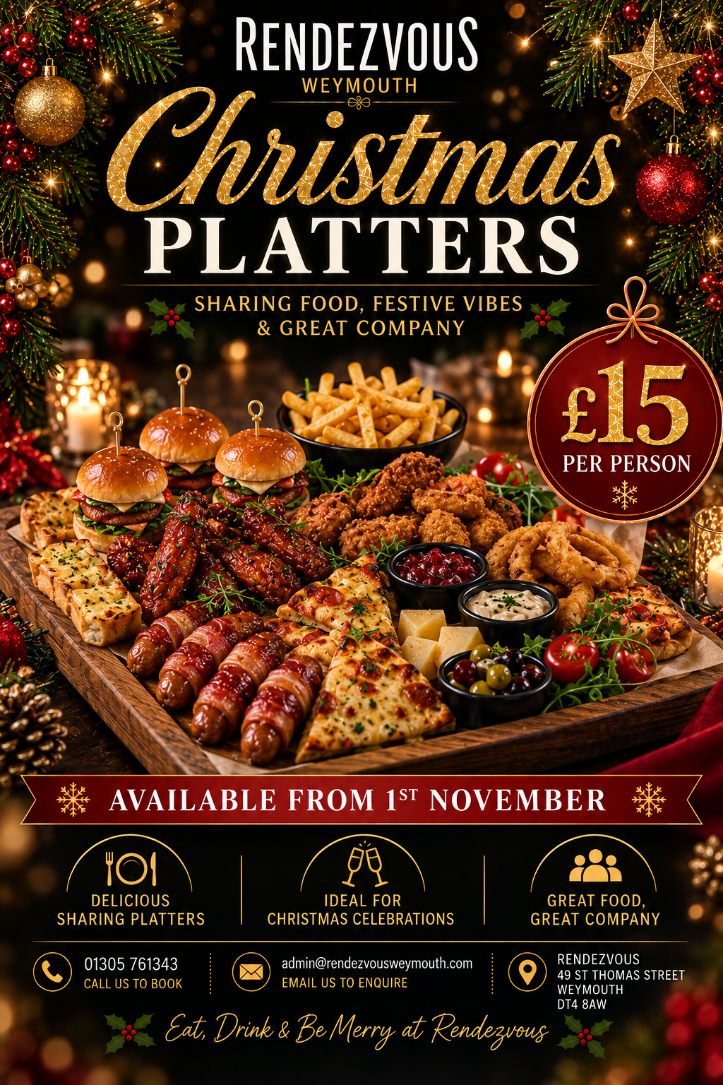 Christmas platters menu at Rendezvous Weymouth — sharing platter of sliders, wings, pigs in blankets and pizza, £15 per person