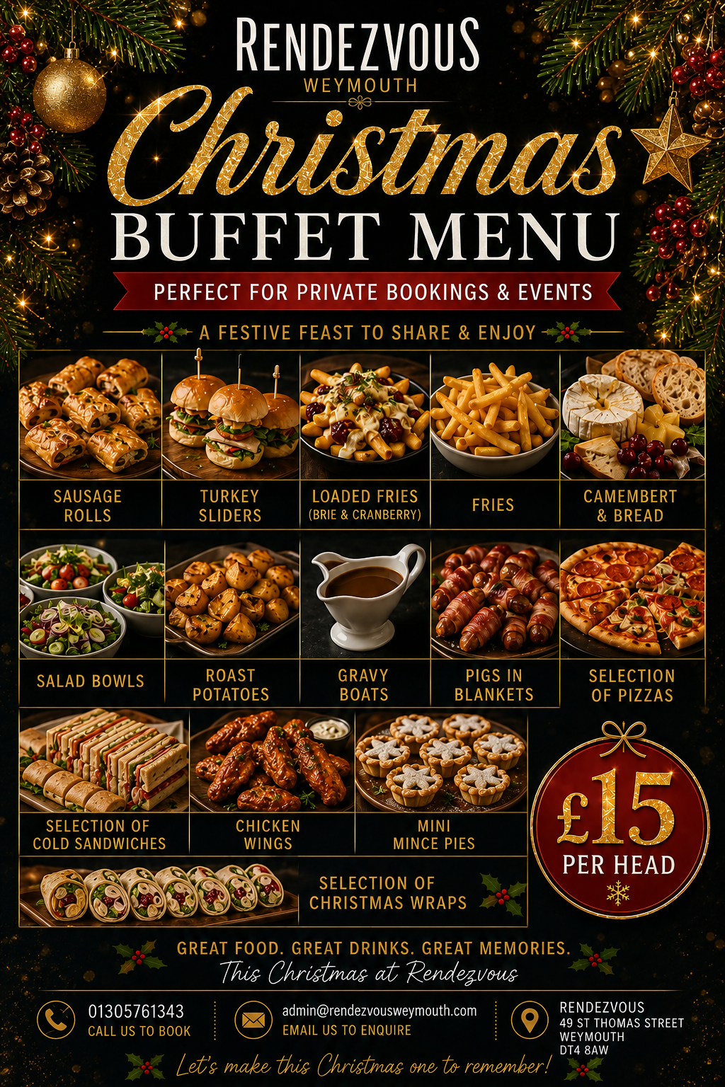 Christmas buffet menu at Rendezvous Weymouth — sausage rolls, turkey sliders, roast potatoes, mince pies and more, £15 per head